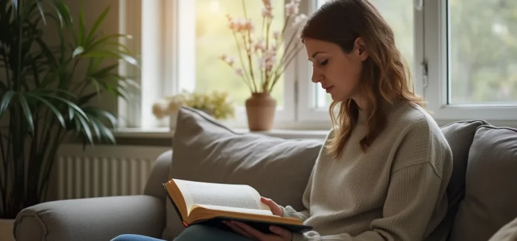 A woman reading a book and sitting on a couch at home