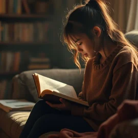 A young woman with long dark hair in a ponytail reading a book on a couch at home near a large bookshelf