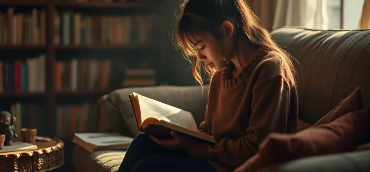 A young woman with long dark hair in a ponytail reading a book on a couch at home near a large bookshelf