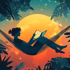 A cartoon image of a woman relaxing in a hammock reading a book with a sunset behind her