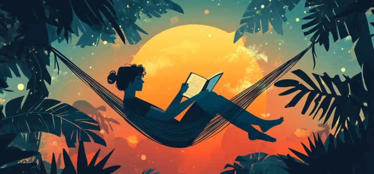 A cartoon image of a woman relaxing in a hammock reading a book with a sunset behind her