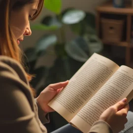 A woman with dark hair reading a paperback book at home