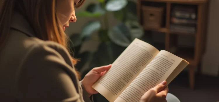 A woman with dark hair reading a paperback book at home