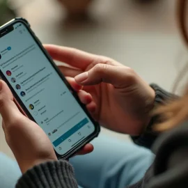 A woman holding a mobile phone and scrolling through social media posts illustrates excessive media consumption