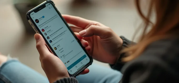 A woman holding a mobile phone and scrolling through social media posts illustrates excessive media consumption