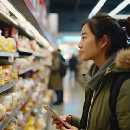 A young woman shopping in a grocery store, looking at products on a shelf, illustrates how to identify customer needs