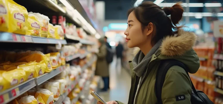 A young woman shopping in a grocery store, looking at products on a shelf, illustrates how to identify customer needs