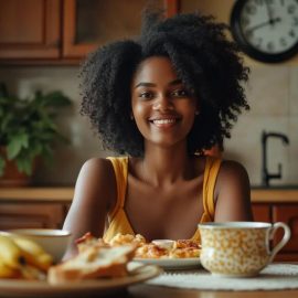 A smiling woman at the breakfast table with a clock behind her showing it's almost 8:00 illustrates time-restricted eating