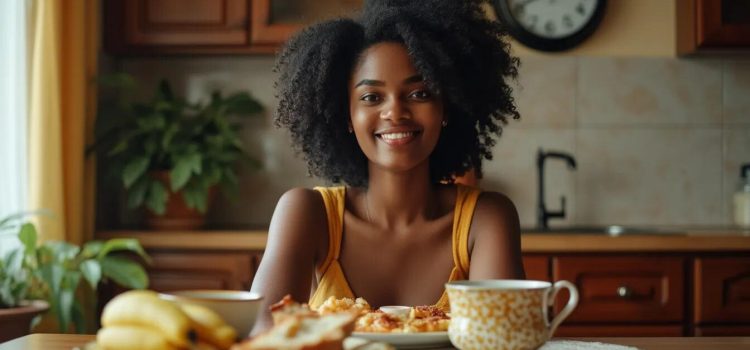 A smiling woman at the breakfast table with a clock behind her showing it's almost 8:00 illustrates time-restricted eating