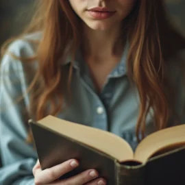 A woman with long red hair and a buttoned chambray shirt reading a book