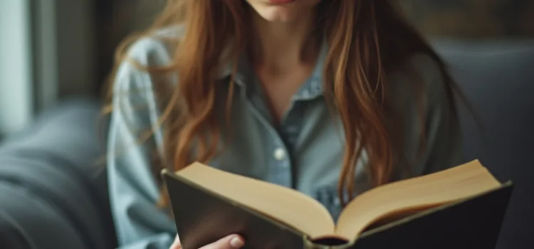 A woman with long red hair and a buttoned chambray shirt reading a book