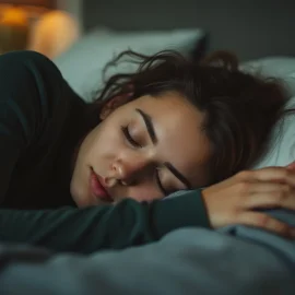 A woman in green pajamas with curly brown hair sleeping in a double bed illustrates the circadian rhythm / sleep connection