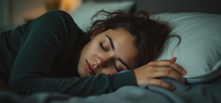 A woman in green pajamas with curly brown hair sleeping in a double bed illustrates the circadian rhythm / sleep connection