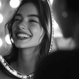 A woman who knows how to accept herself for who she is, smiling in a mirror