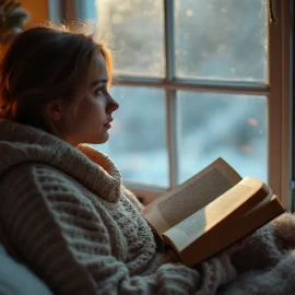 A woman wearing a sweater and sitting next to a Christmas tree is snuggled up with a book and looking out of the window