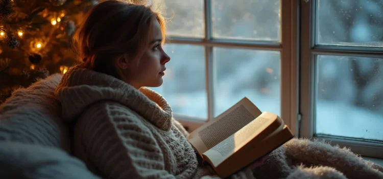 A woman wearing a sweater and sitting next to a Christmas tree is snuggled up with a book and looking out of the window