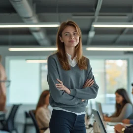 A woman in a grey sweater standing in an open workspace while others are sitting depicts how to be a problem-solver at work