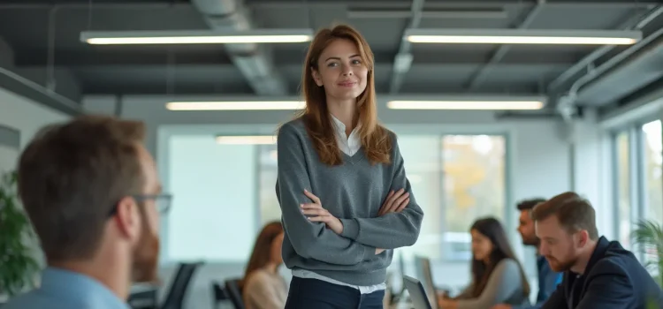 A woman in a grey sweater standing in an open workspace while others are sitting depicts how to be a problem-solver at work