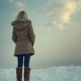 A woman seen from the back standing in show and looking into the clouds illustrates how to overcome toxic shame