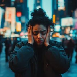 A woman standing in a busy city with her hands on her face looking stressed, showing how social conditions can affect you