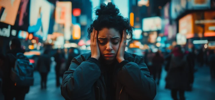 A woman standing in a busy city with her hands on her face looking stressed, showing how social conditions can affect you