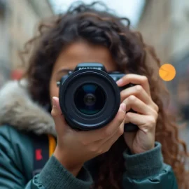 A woman with dark curly hair and a green coat standing in the middle of a street and using a camera depicts product usability