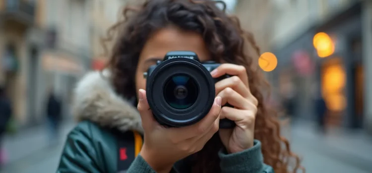 A woman with dark curly hair and a green coat standing in the middle of a street and using a camera depicts product usability