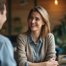 A woman talking to a man in an open office with plants and windows illustrates business skills for entrepreneurs