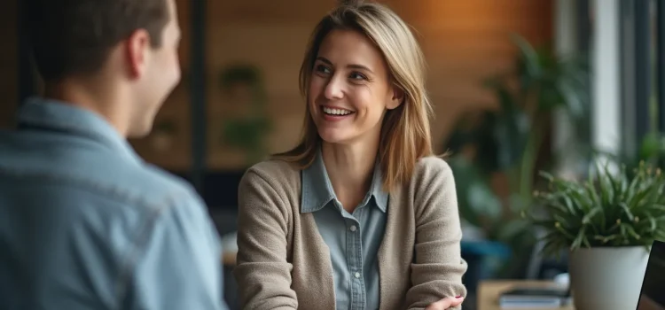 A woman talking to a man in an open office with plants and windows illustrates business skills for entrepreneurs