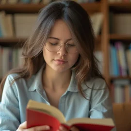 A woman with long brown hair and glasses reading a red book with a large bookshelf in the background