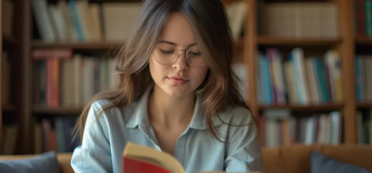 A woman with long brown hair and glasses reading a red book with a large bookshelf in the background