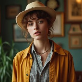 A confident young woman wearing a hat, a checked shirt, and an orange jacket has a charismatic brand all her own