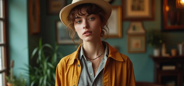 A confident young woman wearing a hat, a checked shirt, and an orange jacket has a charismatic brand all her own