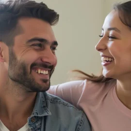 A smiling couple, the woman with her arm around the man, illustrates how to get along with other people