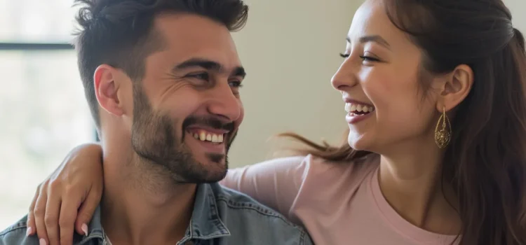 A smiling couple, the woman with her arm around the man, illustrates how to get along with other people