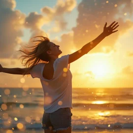 A woman full of energy, standing on a beach and holding her arms out wide, illustrates how to improve your metabolic health