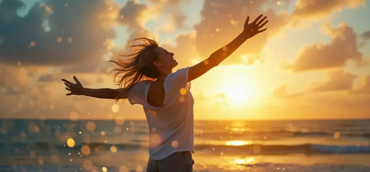 A woman full of energy, standing on a beach and holding her arms out wide, illustrates how to improve your metabolic health