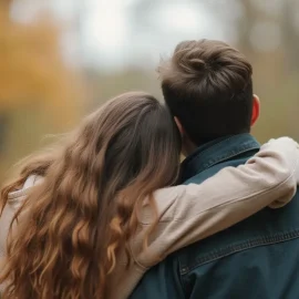 A couple in the woods in autumn, the woman with her arm around the man, illustrates how to avoid conflict in relationships