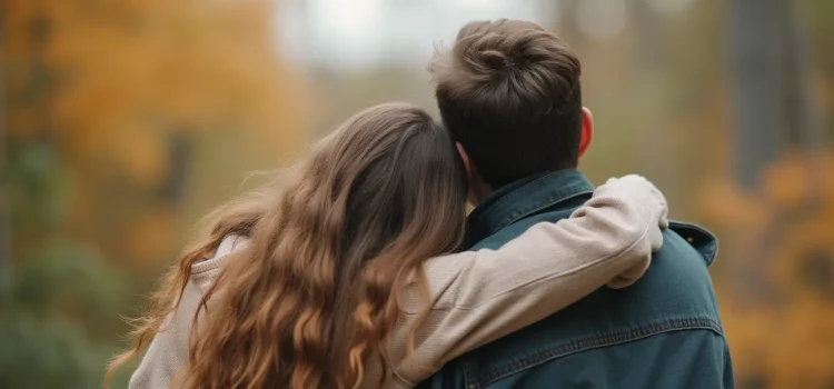 A couple in the woods in autumn, the woman with her arm around the man, illustrates how to avoid conflict in relationships