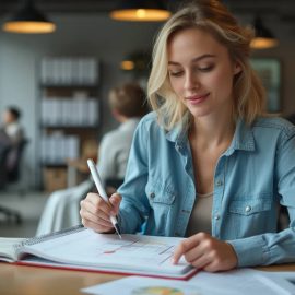 A blonde woman wearing a denim shirt in an open workspace writing in a notebook as part of project preparation