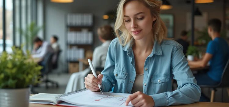 A blonde woman wearing a denim shirt in an open workspace writing in a notebook as part of project preparation