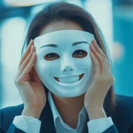 A woman with imposter syndrome holding a mask to her face at work