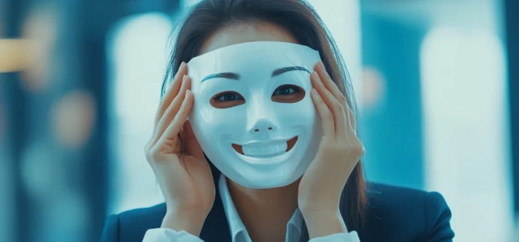 A woman with imposter syndrome holding a mask to her face at work