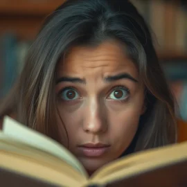 A woman with brown hair and eyes and a concerned look holding an open book