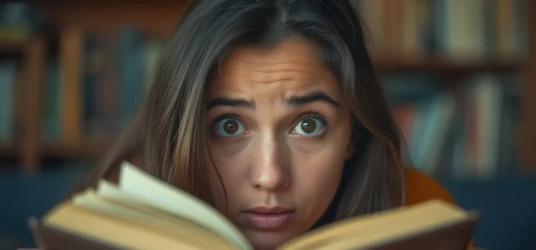 A woman with brown hair and eyes and a concerned look holding an open book