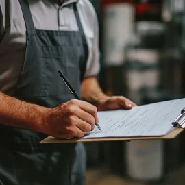 A man wearing an apron, writing goals for a performance review on a clipboard