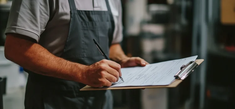 A man wearing an apron, writing goals for a performance review on a clipboard