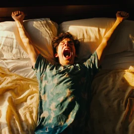 A man yawning and stretching in bed after waking up, learning how to maintain energy