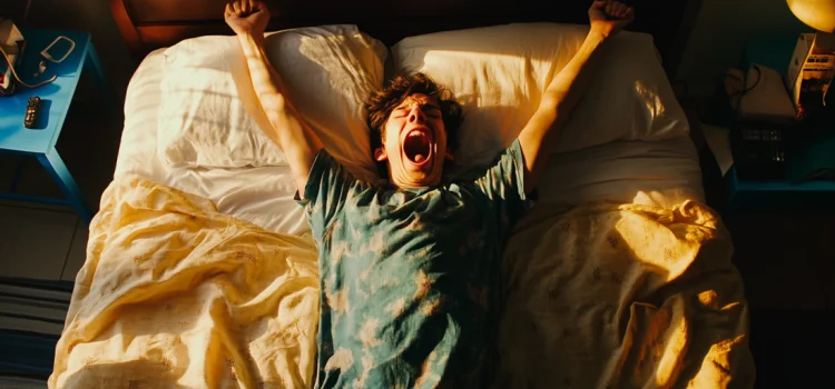 A man yawning and stretching in bed after waking up, learning how to maintain energy