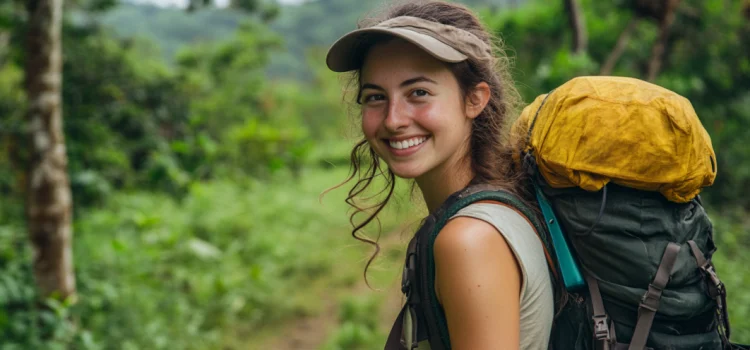 A young woman with a backpack on in a forest who is living her authentic life